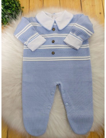 Macacão de trico linha listras botões azul bebê  + body